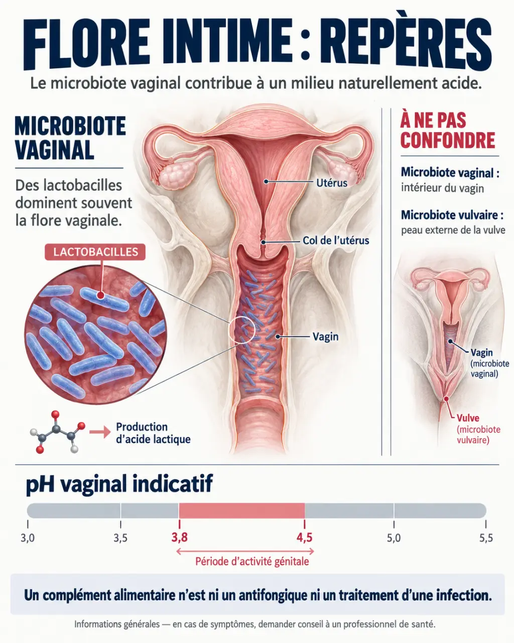Infographie sur le complément alimentaire pour la flore intime, les lactobacilles, l’acide lactique et le pH vaginal