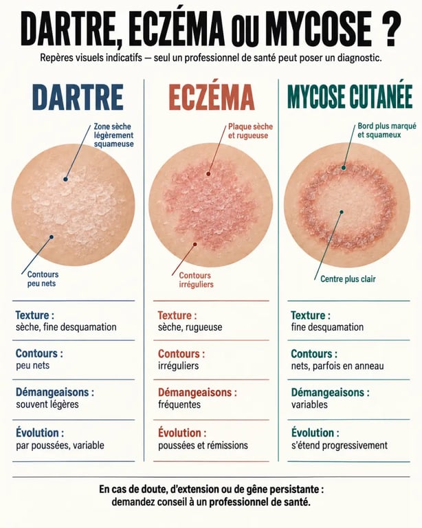 Infographie comparative sur la dartre peau, l’eczéma et la mycose