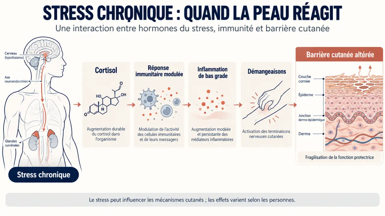 Éruption cutanée stress : schéma du lien entre stress, cortisol, inflammation et barrière cutanée