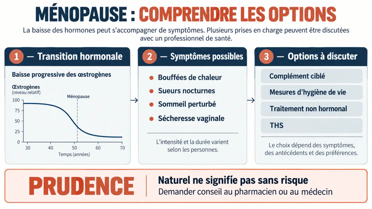 Traitement ménopause naturel pharmacie : symptômes, actifs et précautions à connaître