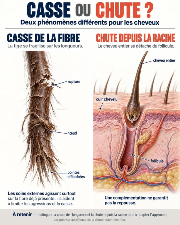 Infographie sur le silicium organique pour les cheveux : différence entre casse de la fibre et chute depuis la racine