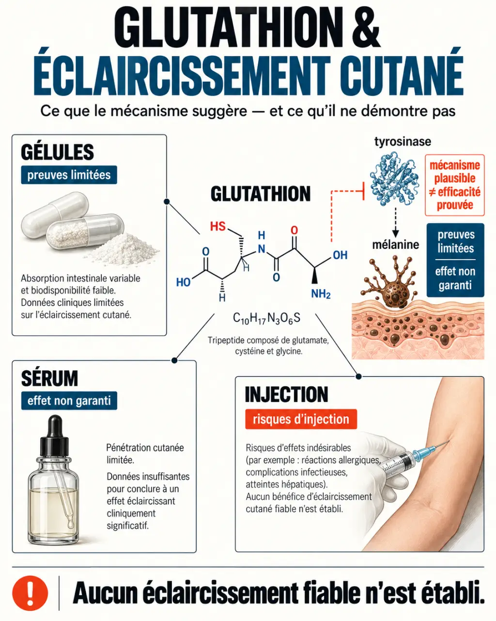 Infographie sur le glutathion éclaircissant, ses formes d’utilisation et les limites des preuves