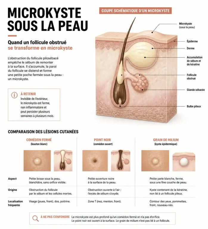 Schéma d'un microkyste visage montrant l'obstruction du follicule pilosébacé sous la peau