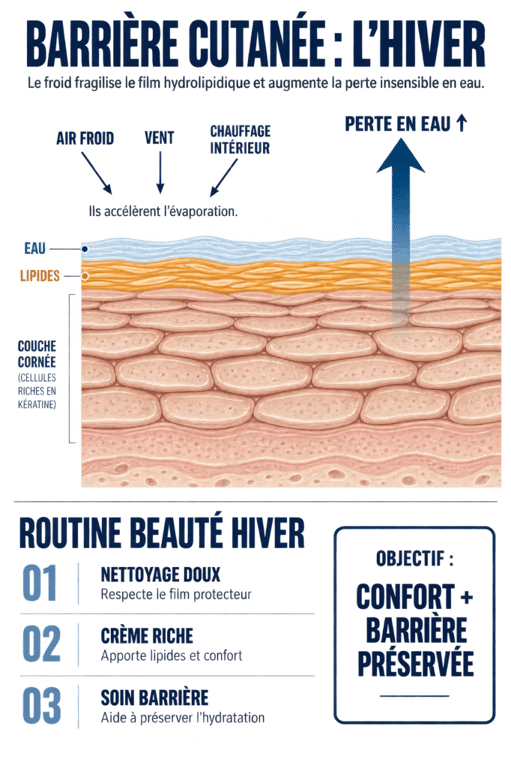 Schéma de routine beauté hiver et de la barrière cutanée face au froid et à l’air sec