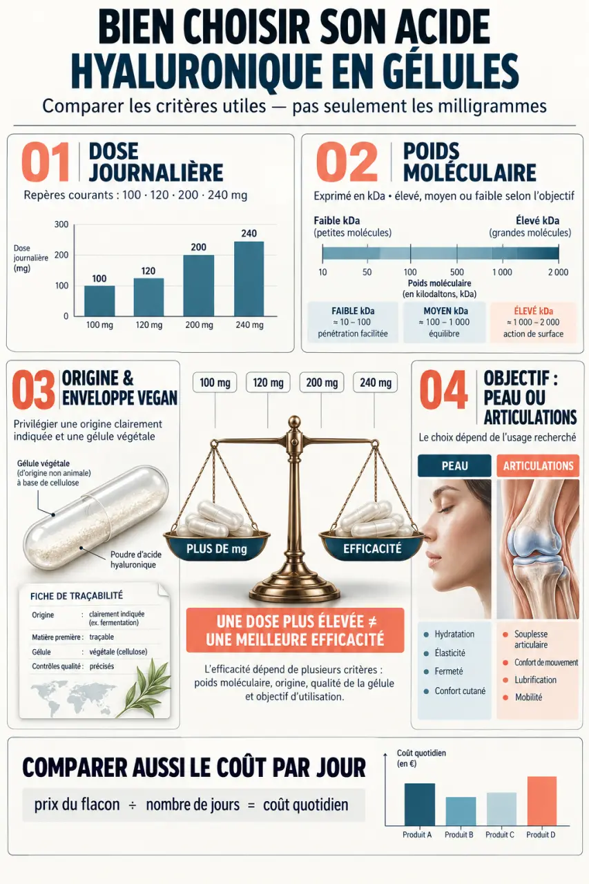 Infographie pour choisir le meilleur acide hyaluronique en gélules selon la dose, le poids moléculaire et l'objectif