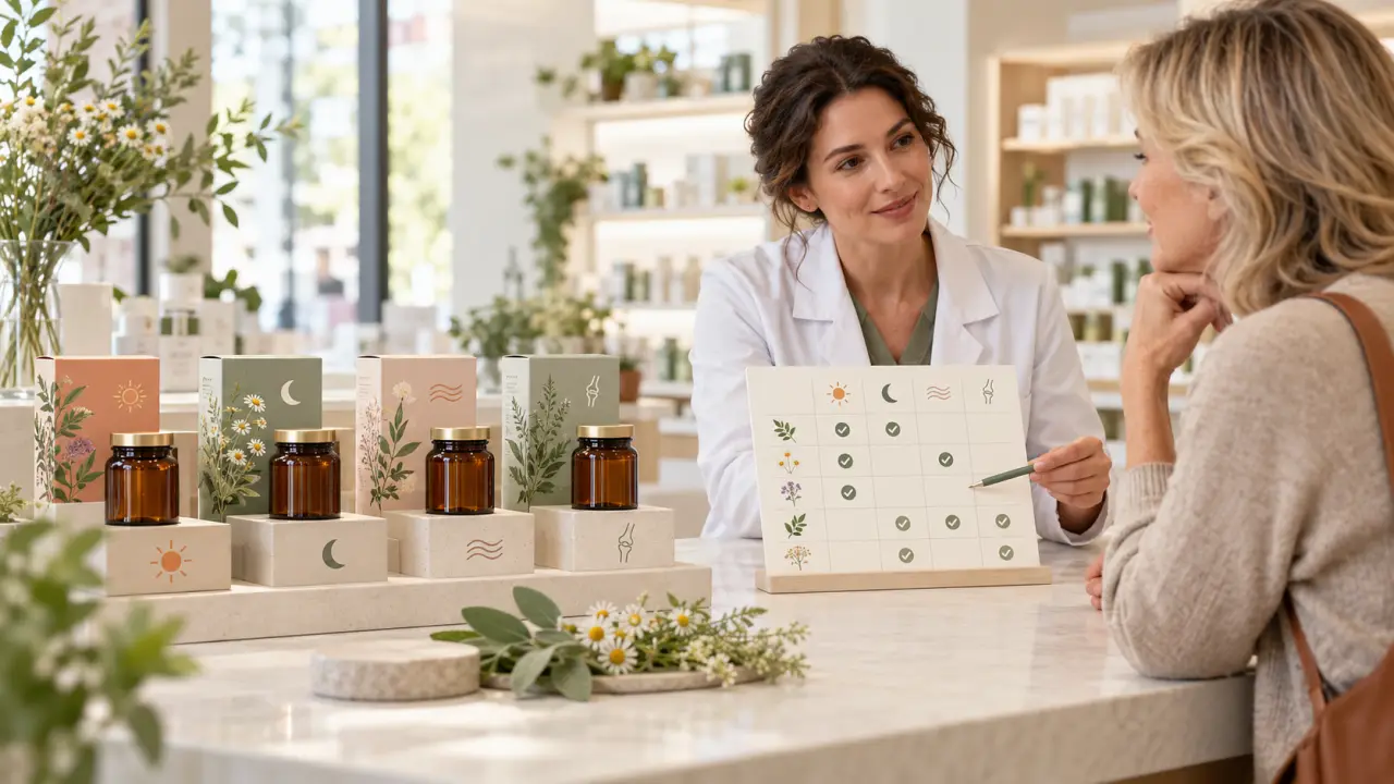 Traitement naturel de la ménopause en pharmacie : choisir selon ses symptômes, pas selon la promesse