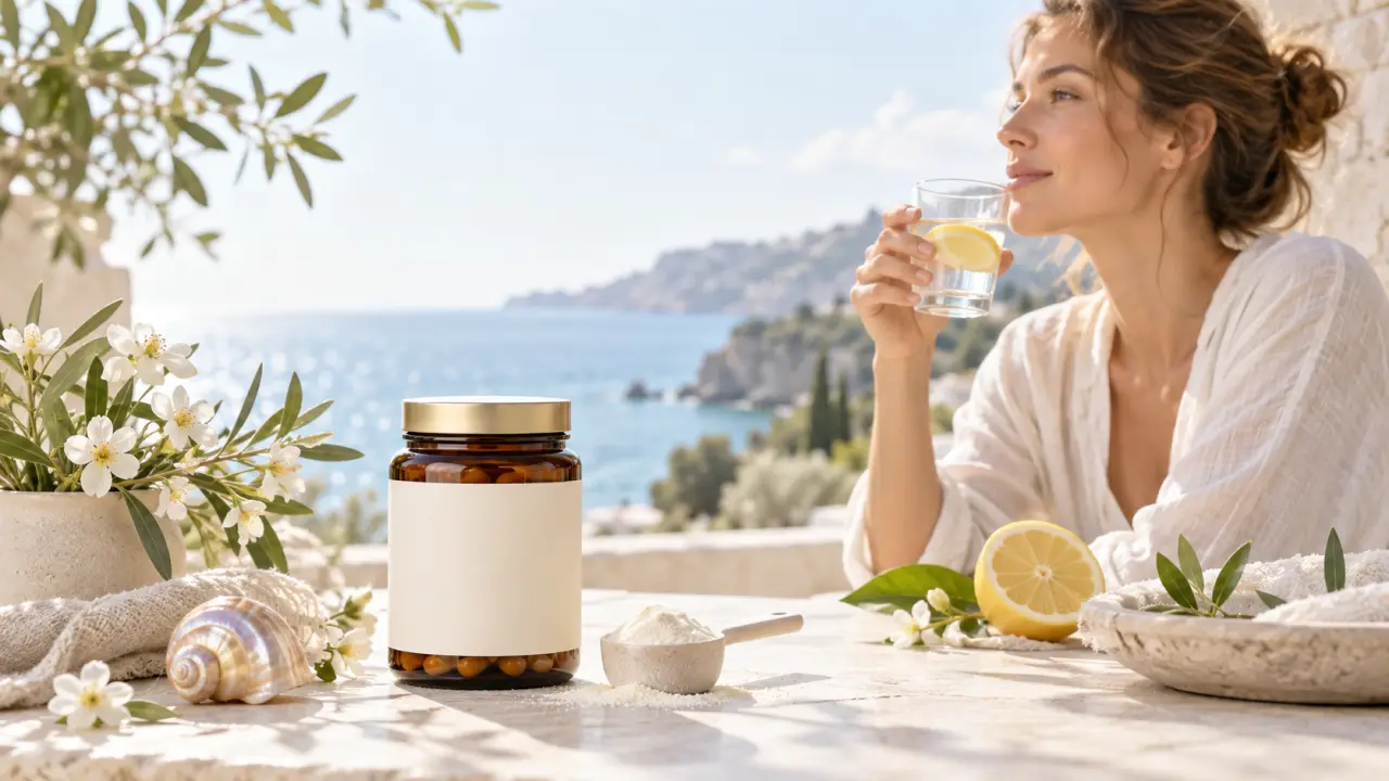 Pot de collagène marin entouré de baies et d'ingrédients naturels