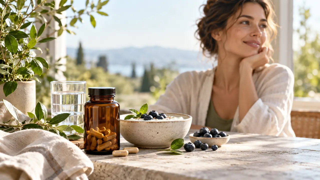 Flacon de probiotiques et ingrédients naturels dans une ambiance bien-être