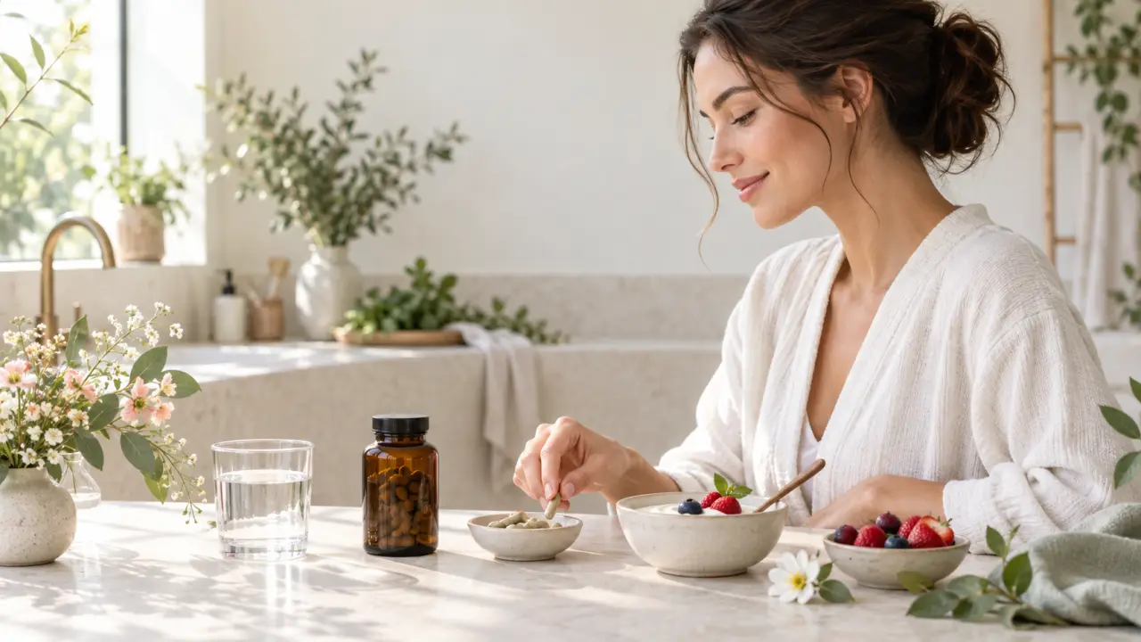 Complément de probiotiques et ingrédients naturels dans un univers de beauté holistique