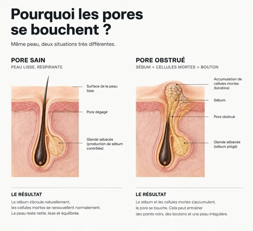 Schéma explicatif des causes de la peau visage granuleuse et pores obstrués