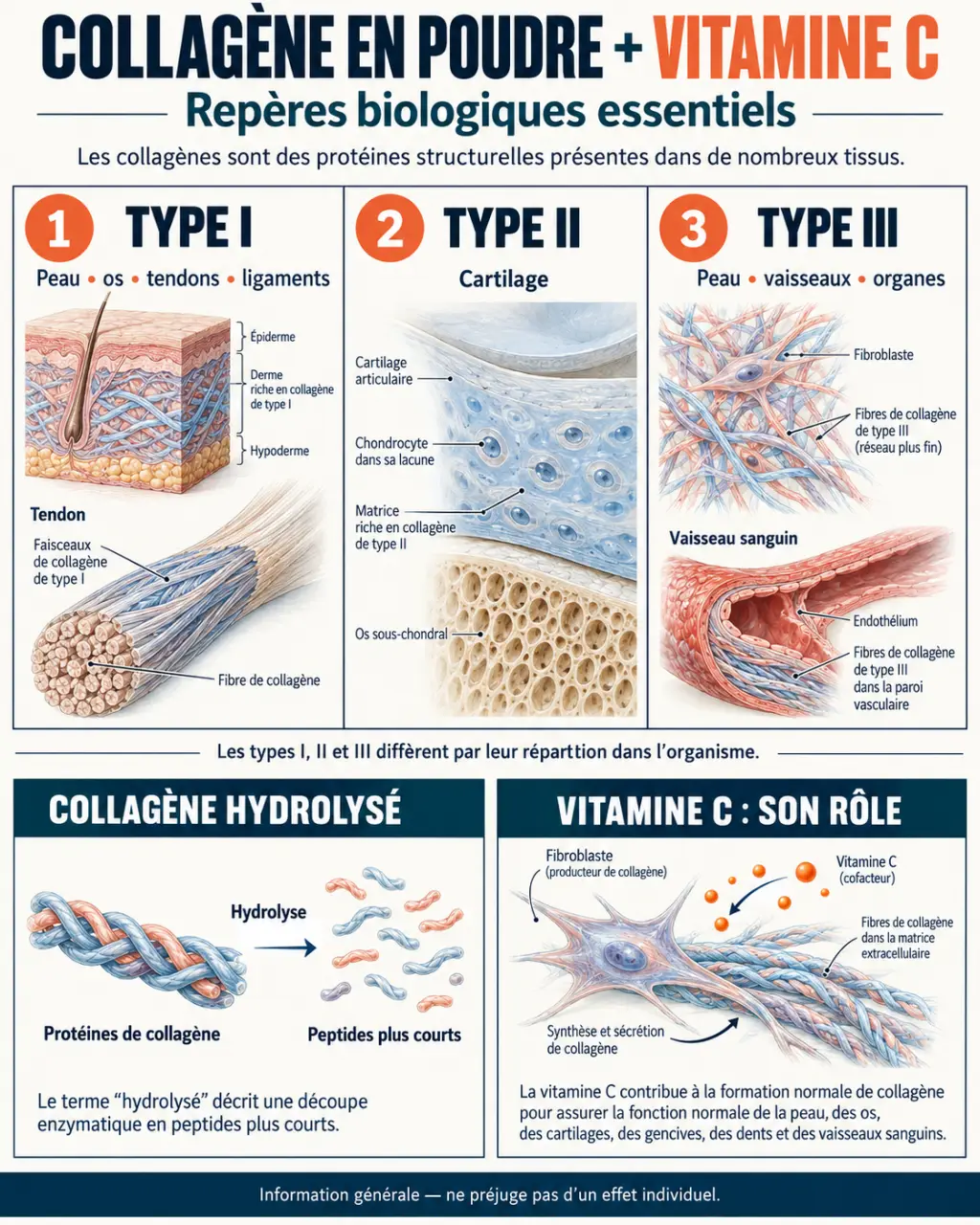 Collagen powder with vitamin c avis : infographie sur les types de collagène, l’hydrolyse et le rôle de la vitamine C