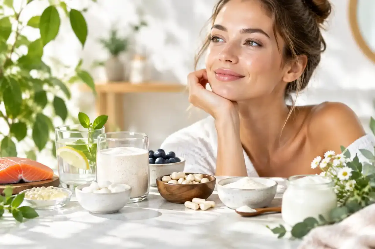 Compléments alimentaires au collagène et probiotiques dans un rituel beauté naturel