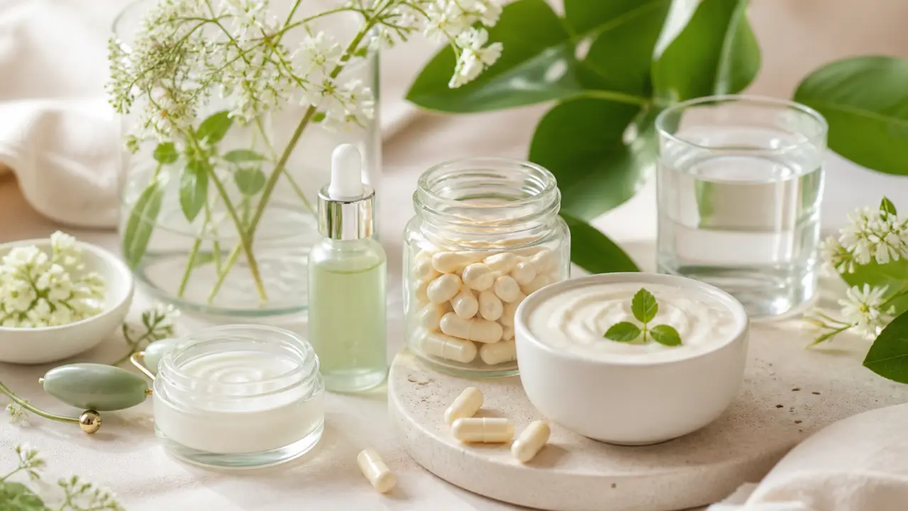Probiotiques beauté et rituel peau, ambiance luxueuse et naturelle