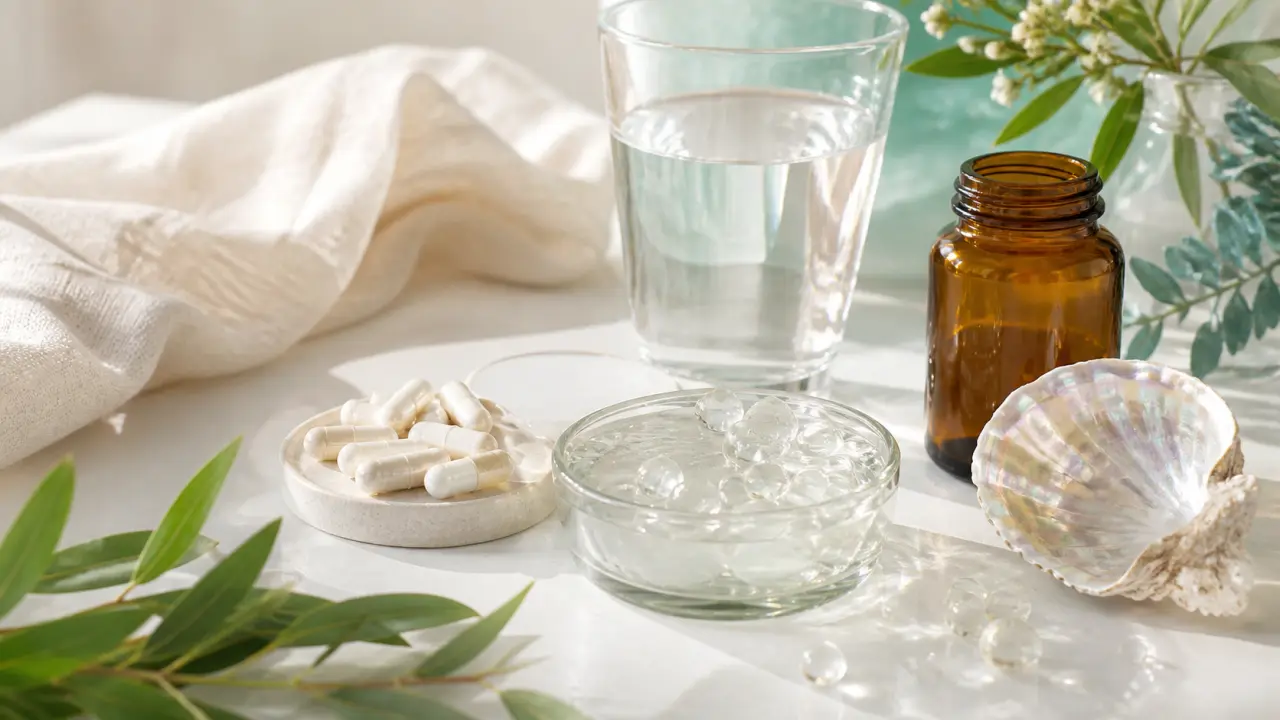 Flacon de complément beauté sur fond naturel lumineux