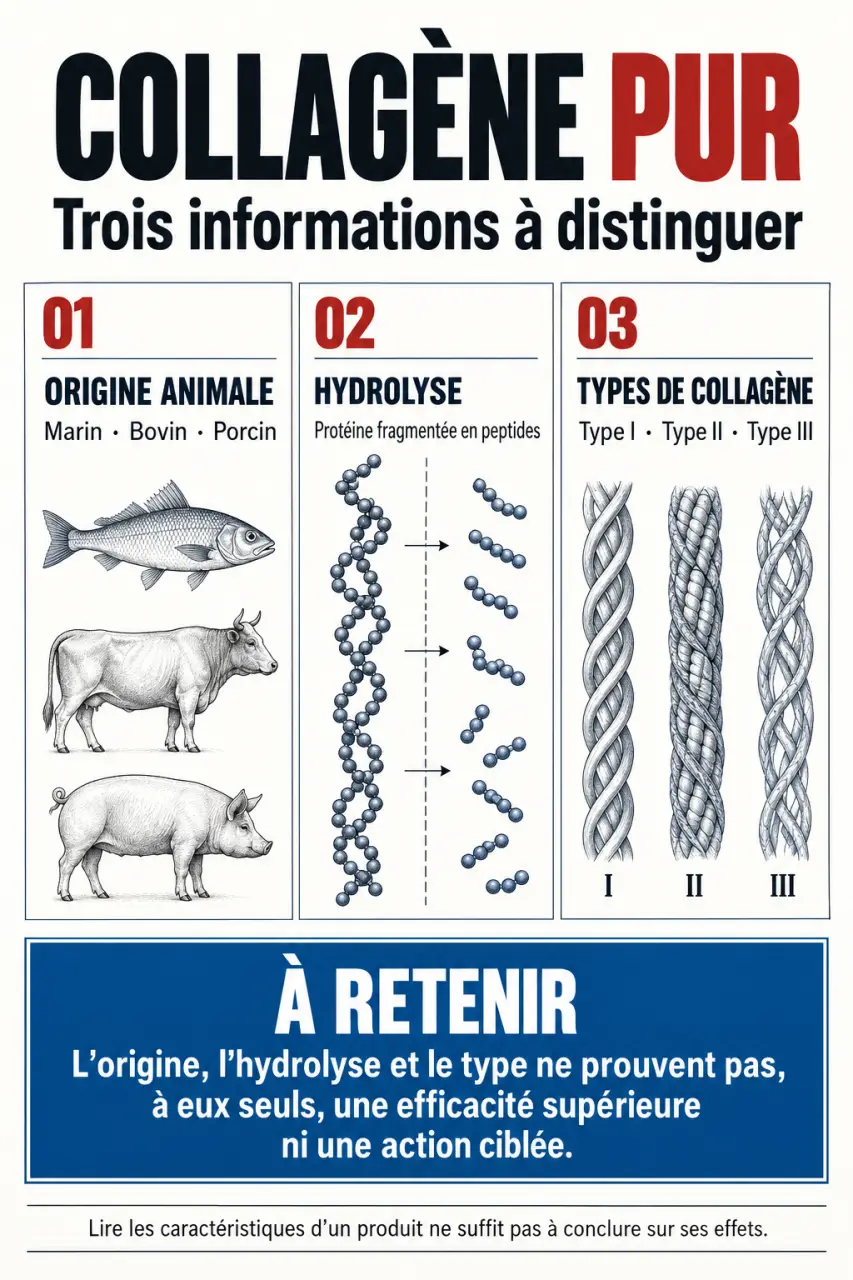 Graphique explicatif pour comprendre le collagène pur, son origine, son hydrolyse et ses types