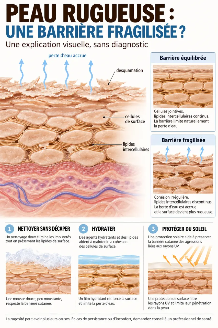 Schéma explicatif des causes d’une peau du visage rugueuse et du rôle de la barrière cutanée