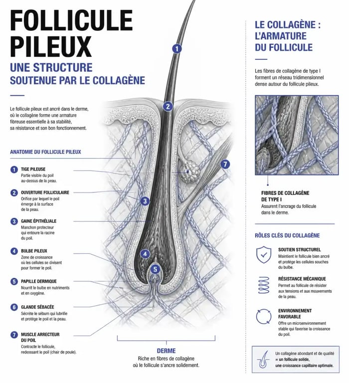 Schéma explicatif du rôle du collagène dans la santé et la structure du cheveu