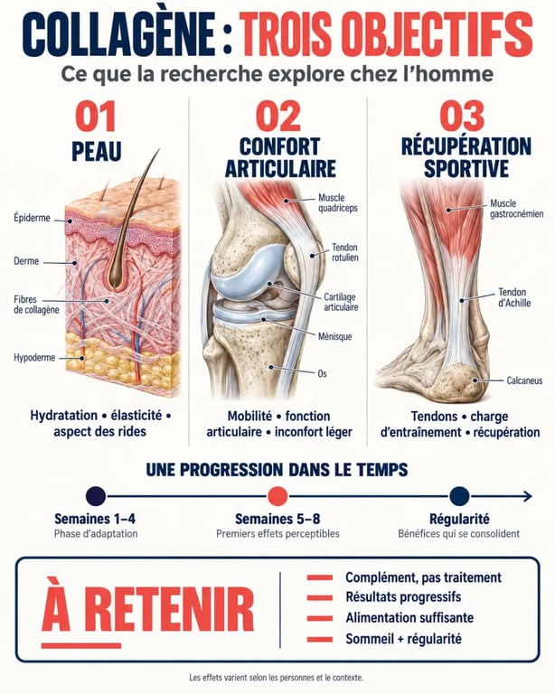 Infographie sur le collagène homme pour la peau, les articulations et la récupération sportive
