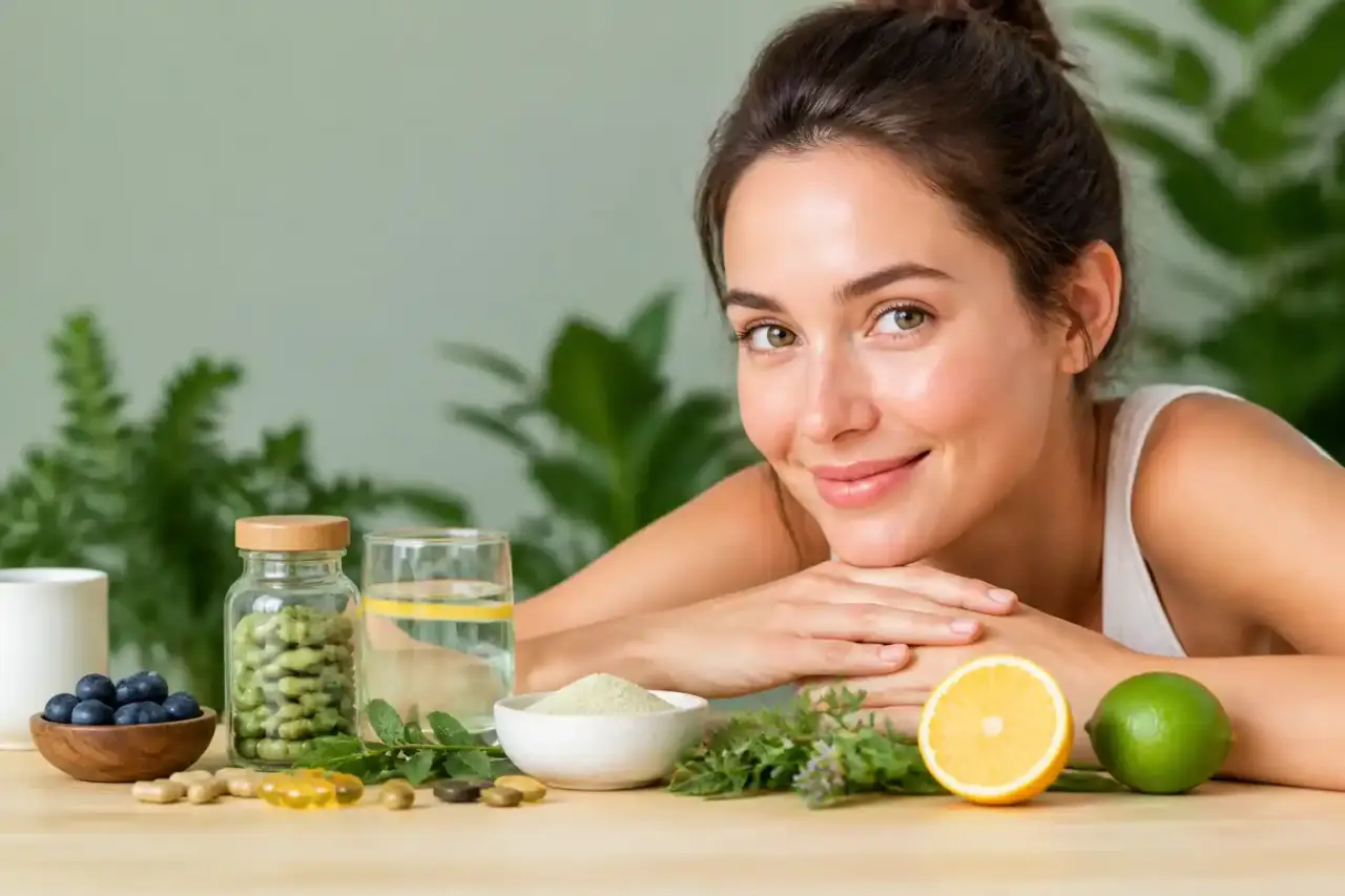 Flacon de nutricosmétique bio entouré d'ingrédients naturels et floraux
