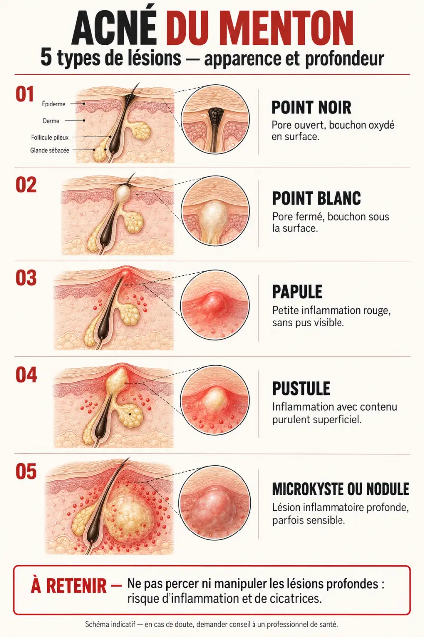 Types de boutons et de lésions associés à l’acné du menton