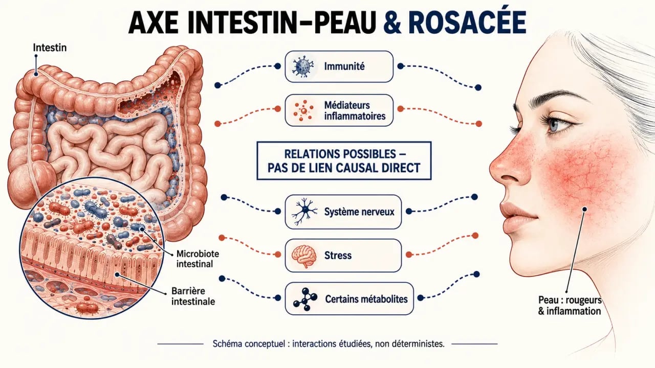 Schéma de l’axe intestin-peau expliquant les liens possibles entre rosacée et intestin
