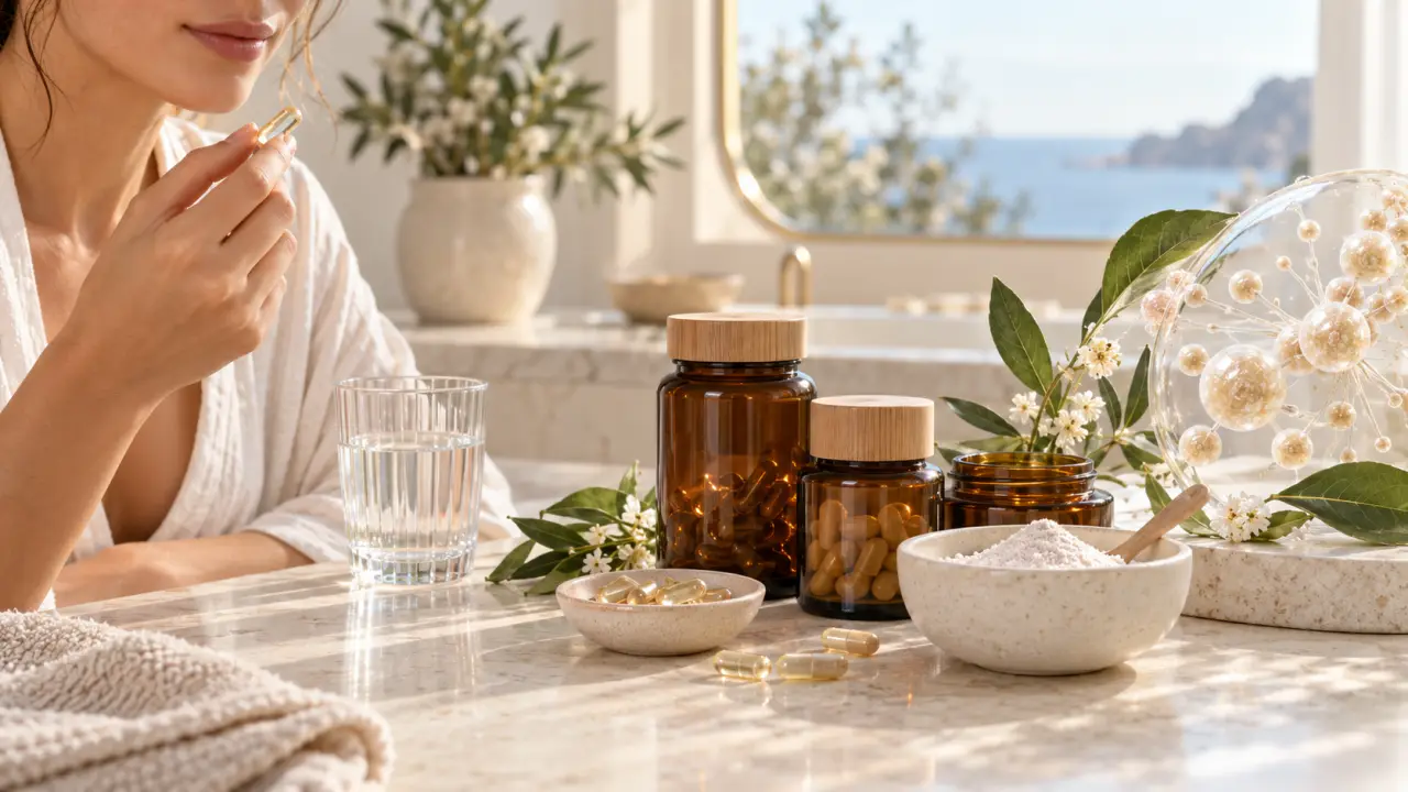 Flacon de complément alimentaire beauté entouré d’ingrédients naturels