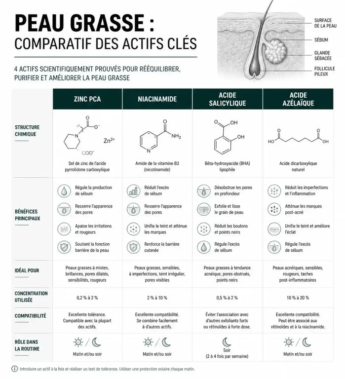 Comparatif des actifs séborégulateurs pour crème visage peau grasse