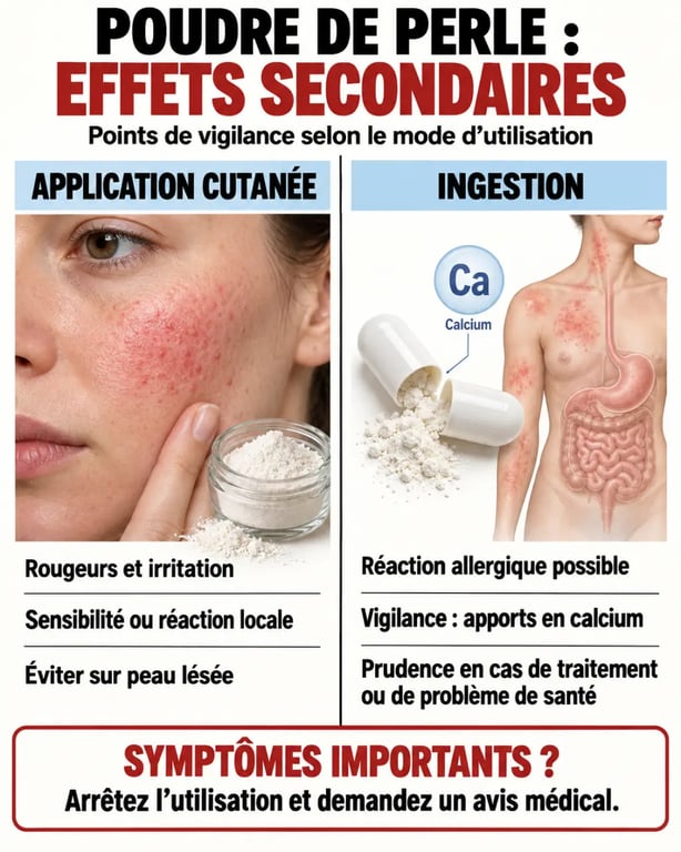 Infographie sur les effets secondaires de la poudre de perle selon l’usage cutané ou oral