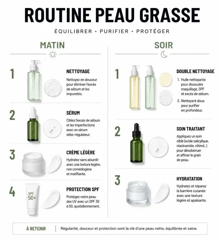 Routine de soin complète pour crème visage peau grasse : étapes matin et soir