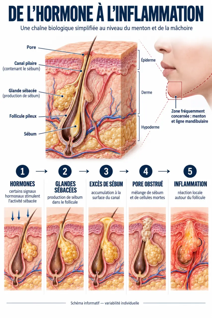 Schéma explicatif de l’acné du menton et du mécanisme hormonal
