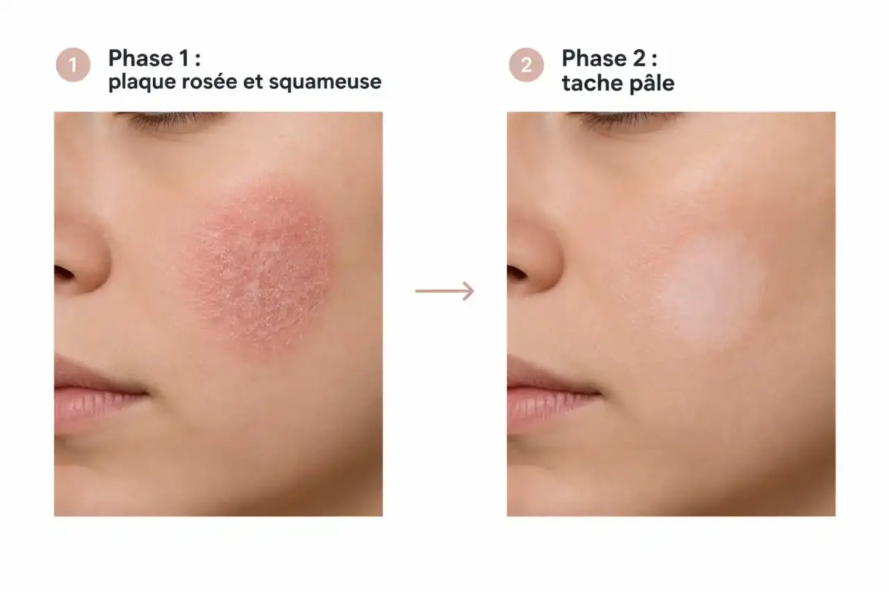 Dartres peau : schéma des deux phases, plaque rosée squameuse puis tache pâle hypopigmentée