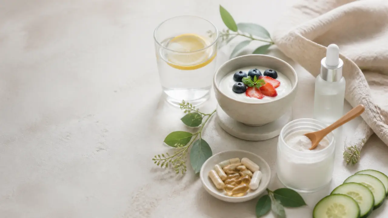 Bouteille élégante de complément beauté avec textures naturelles
