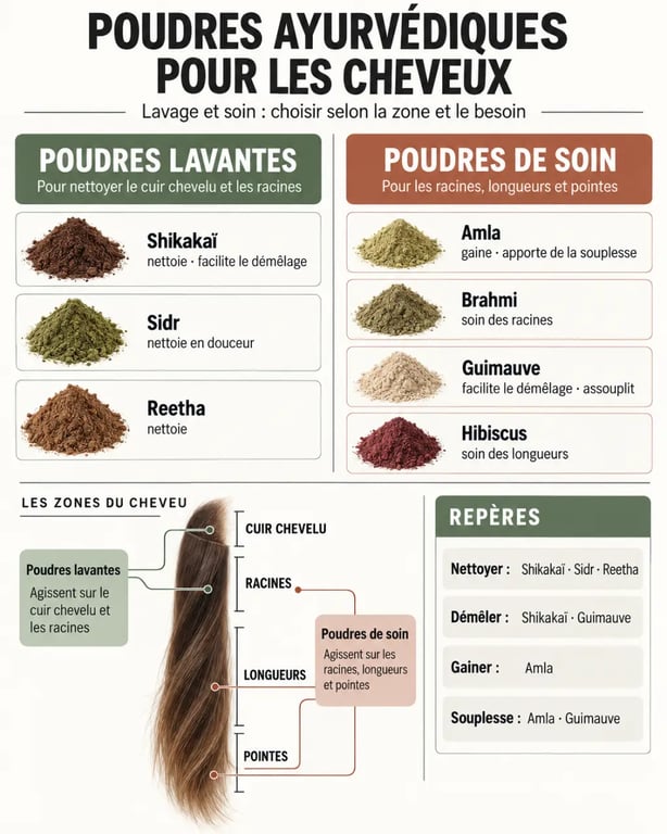 Infographie sur les poudres ayurvédiques lavantes et de soin pour les cheveux